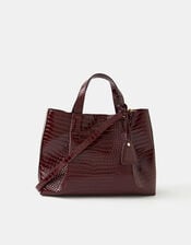 Faux Croc Skin Patent Tote Bag, Red (BURGUNDY), large