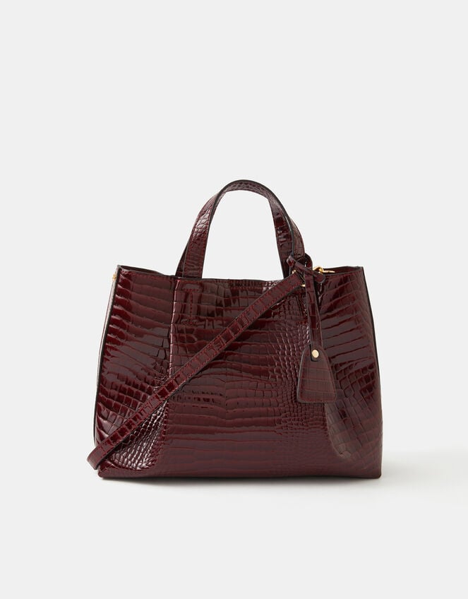 Faux Croc Skin Patent Tote Bag, Red (BURGUNDY), large
