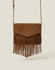 Leather Fringe Cross-Body Bag, Tan (TAN), large