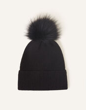 Knit Pom-Pom Beanie with Recycled Fabric, Black (BLACK), large