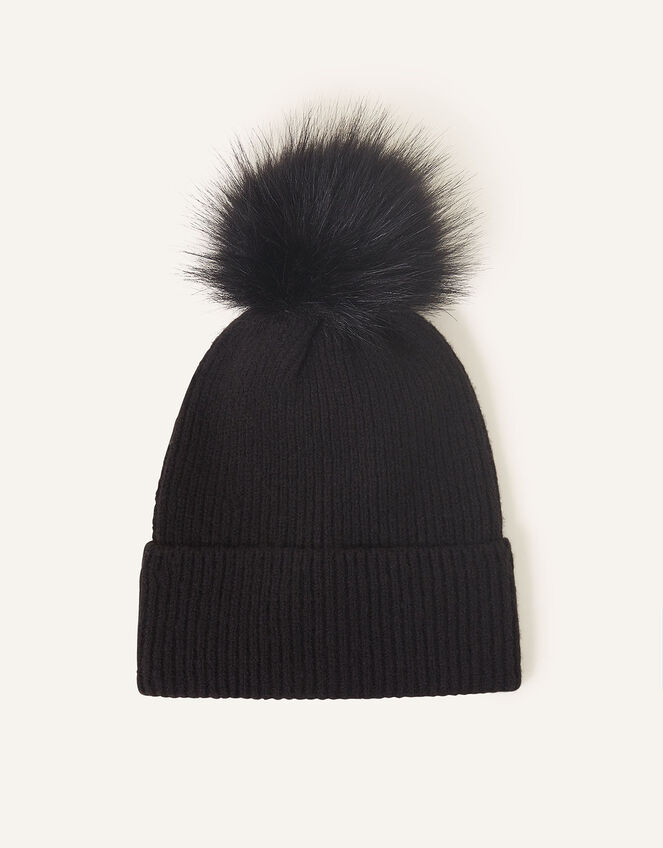 Knit Pom-Pom Beanie with Recycled Fabric, Black (BLACK), large