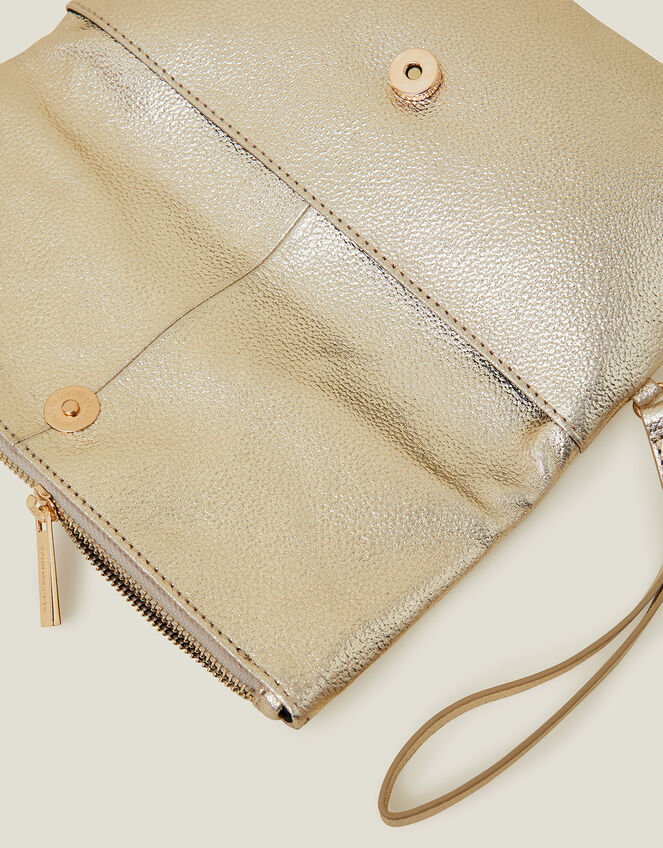 Leather Metallic Fold Over Clutch, Gold (GOLD), large