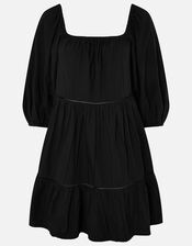 Puff Sleeve Dress in Organic Cotton, Black (BLACK), large