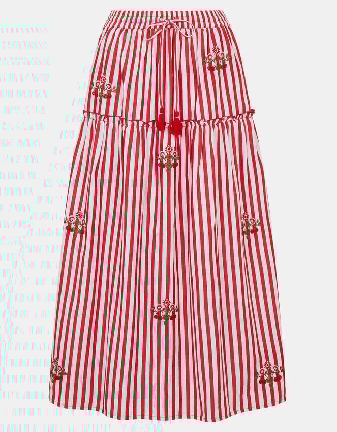 Cherry Embroidered Stripe Midi Skirt, Red (RED), large