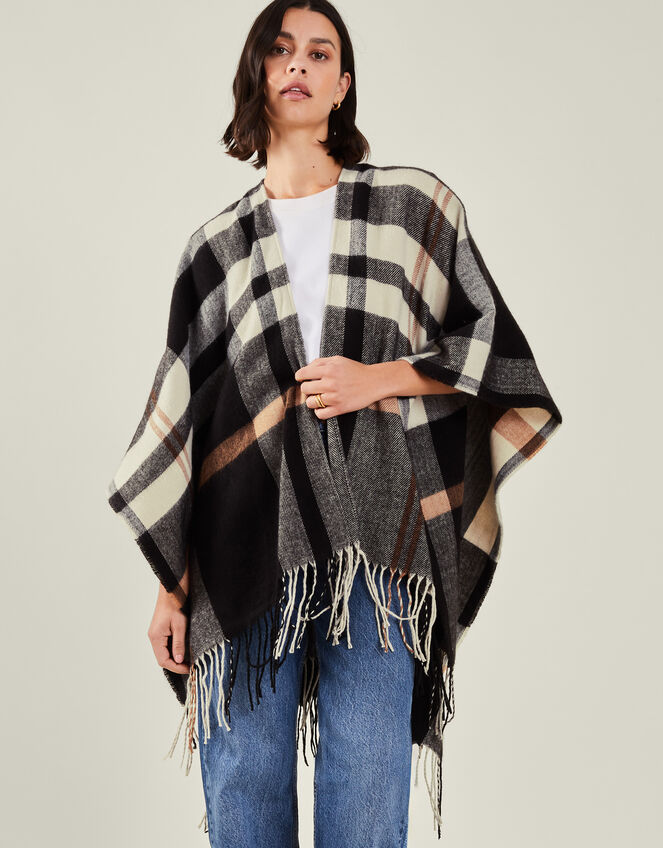 Check Cape Poncho, Black (BLACK), large