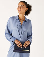 Pleated Satin Clutch Bag, Blue (NAVY), large