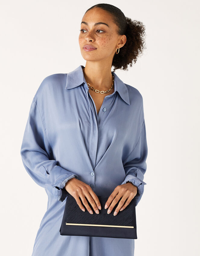 Pleated Satin Clutch Bag, Blue (NAVY), large
