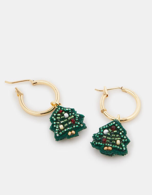 Christmas Tree Huggie Hoop Earrings, , large