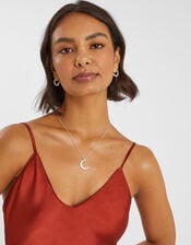 Sterling Silver-Plated Sparkle Moon Pendant Necklace, , large