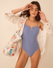V-Front Gingham Shaping Swimsuit, Blue (NAVY), large
