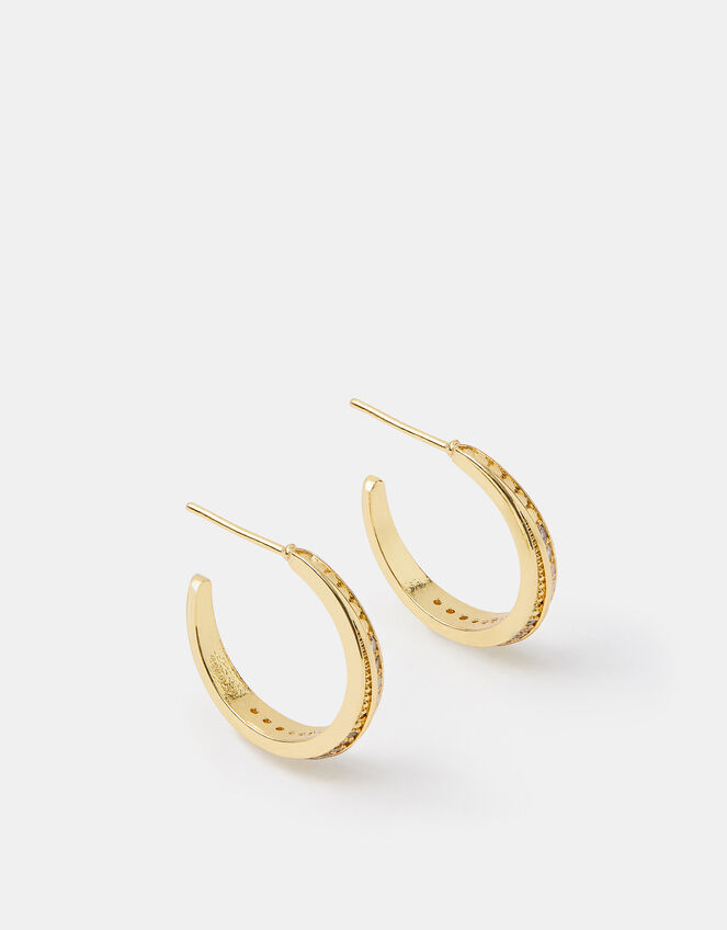 14ct Gold-Plated Diamanté Crescent Hoop Earrings, , large