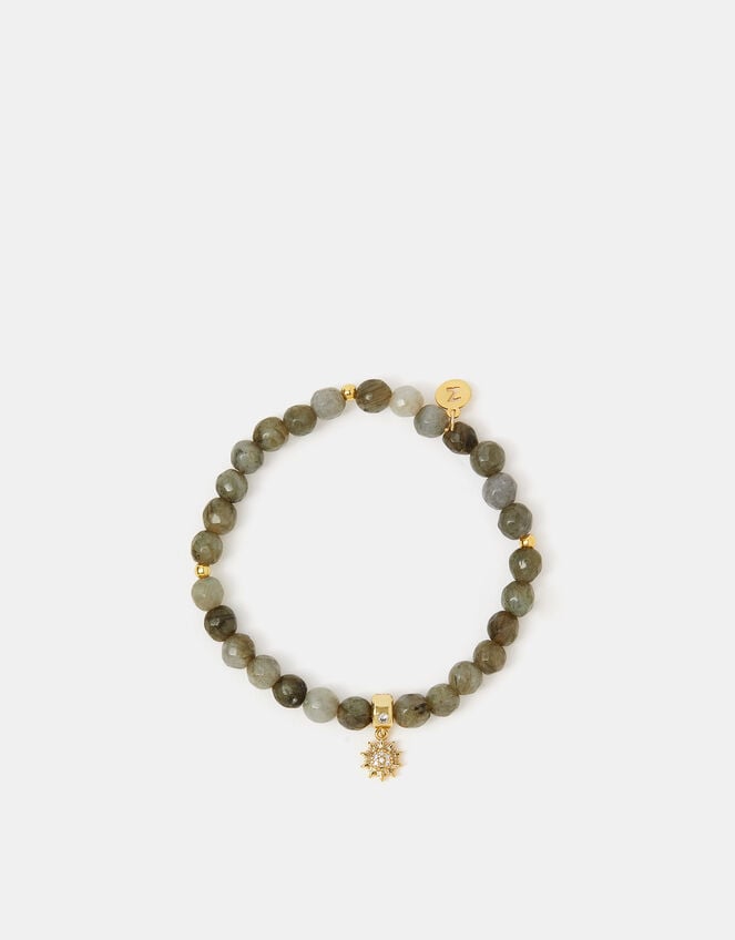 14ct Gold-Plated Healing Stone Bead Charm Bracelet, Grey (GREY), large