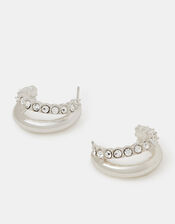 Mini Diamanté Double Hoop Earrings, Silver (SILVER), large