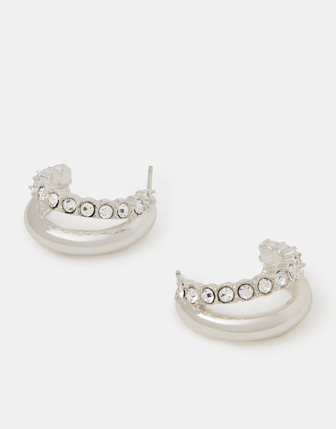 Mini Diamanté Double Hoop Earrings, Silver (SILVER), large