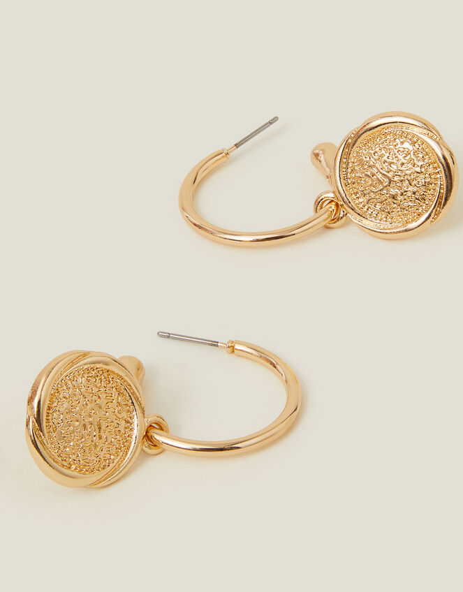 Coin Hoop Drop Earrings Gold, , large