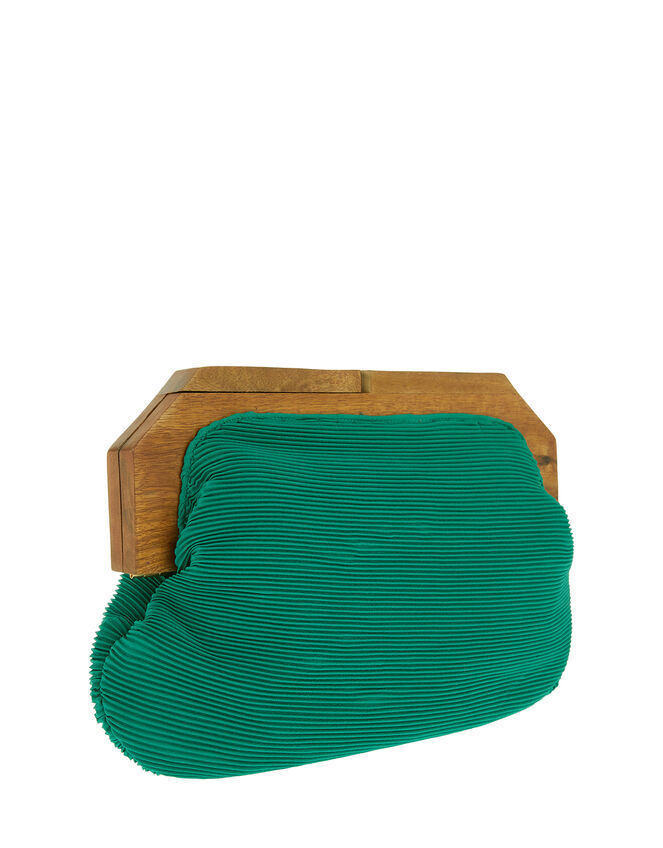 Brooke Pleated Clutch Bag with Wooden Frame, Green (GREEN), large