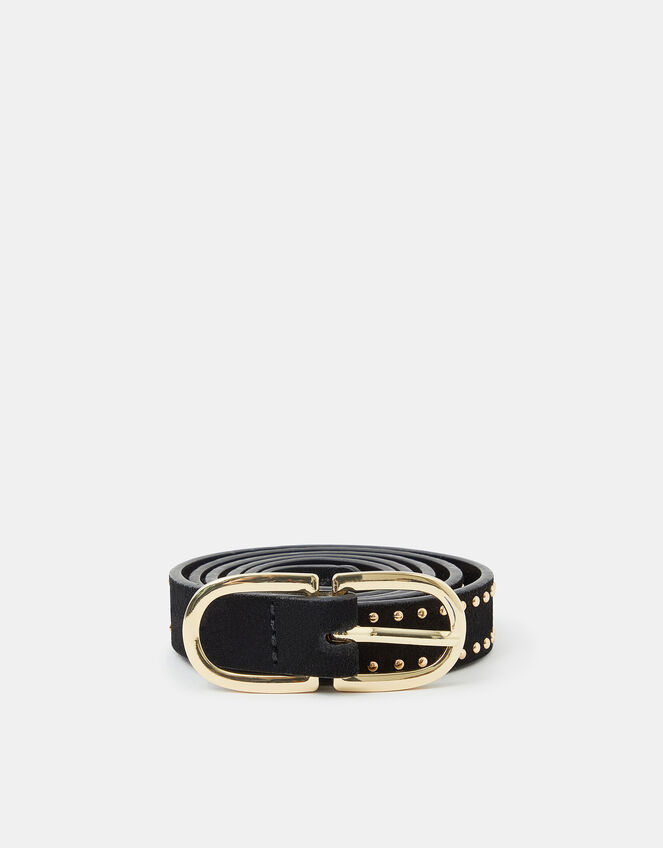 Suede Studded Skinny Belt , Black (BLACK), large