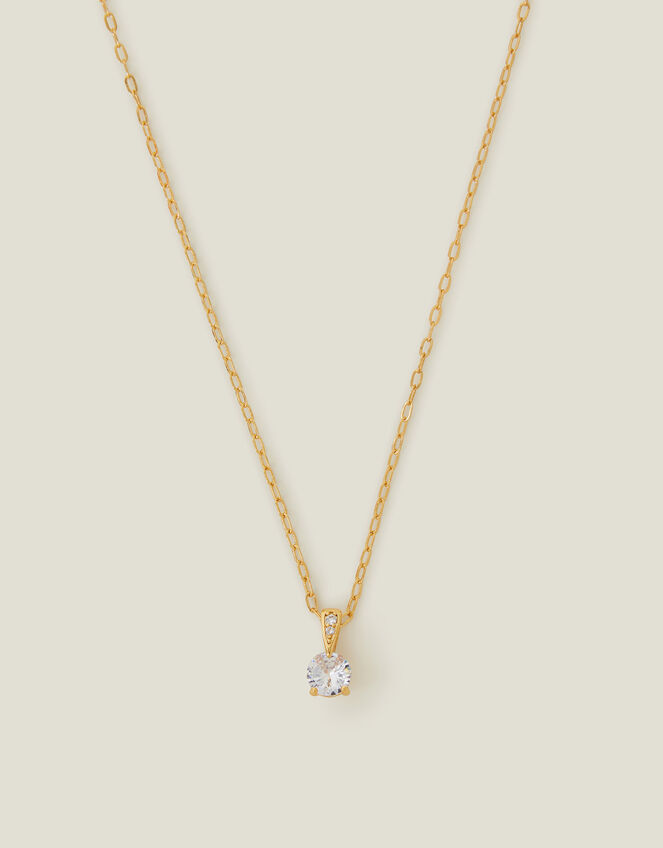 14ct Gold-Plated Solitaire Diamante Pendant Necklace, , large