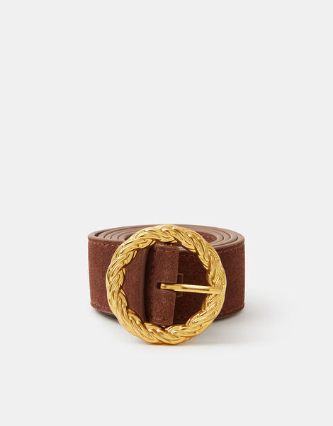 Textured Buckle Suede Belt, Tan (TAN), large