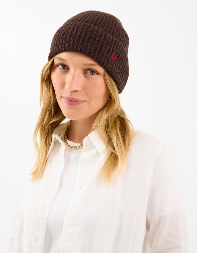 Heart Embroidered Beanie Hat, Brown (CHOCOLATE), large