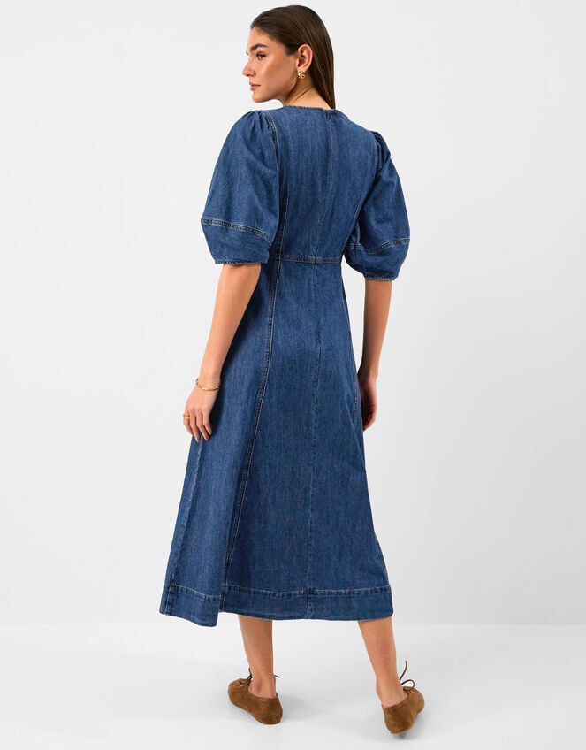 Puff Sleeve Denim Midi Dress, Blue (BLUE), large