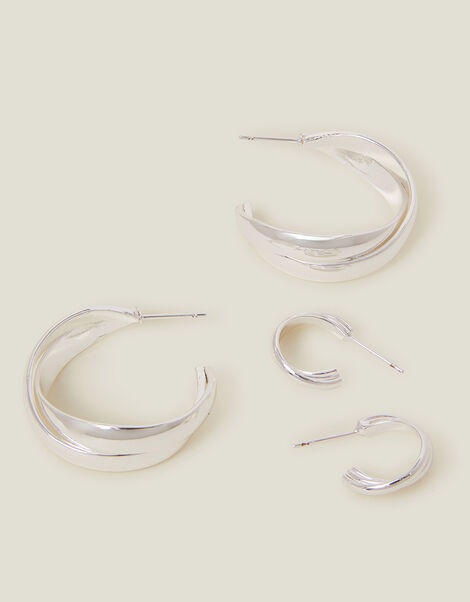 2-Pack Sterling Silver-Plated Chunky Twist Hoop Earrings, , large