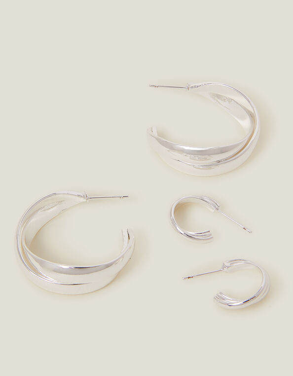 2-Pack Sterling Silver-Plated Chunky Twist Hoop Earrings, , large