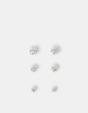 3-Pack Crystal Sterling Silver Stud Earrings, , large