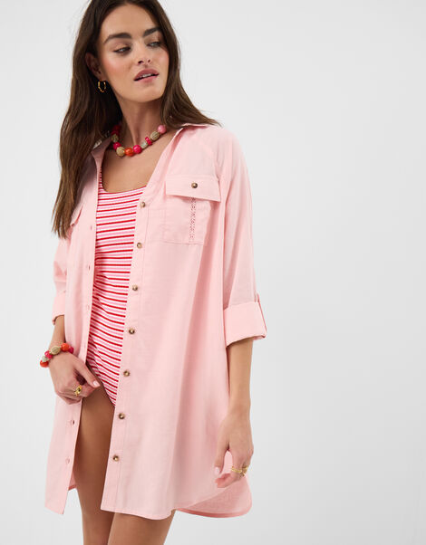 Lace Trim Beach Cover Up Shirt, Pink (PINK), large