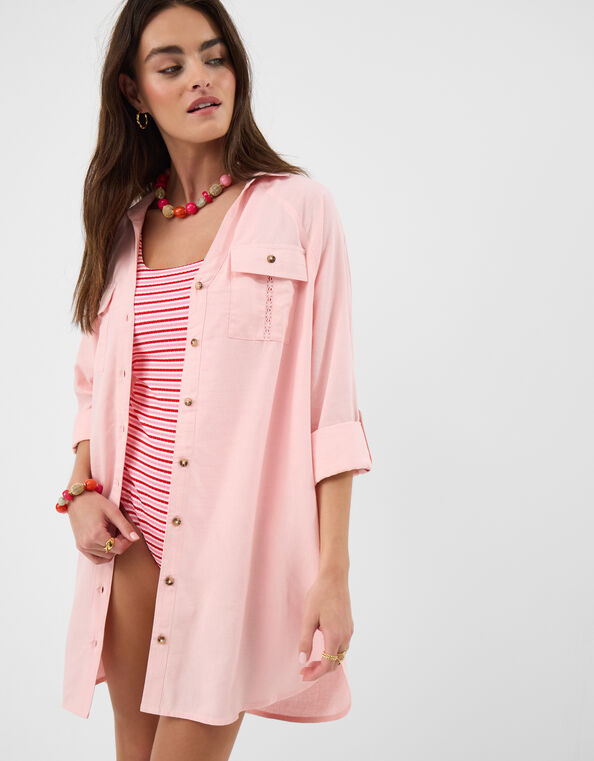 Lace Trim Beach Cover Up Shirt, Pink (PINK), large