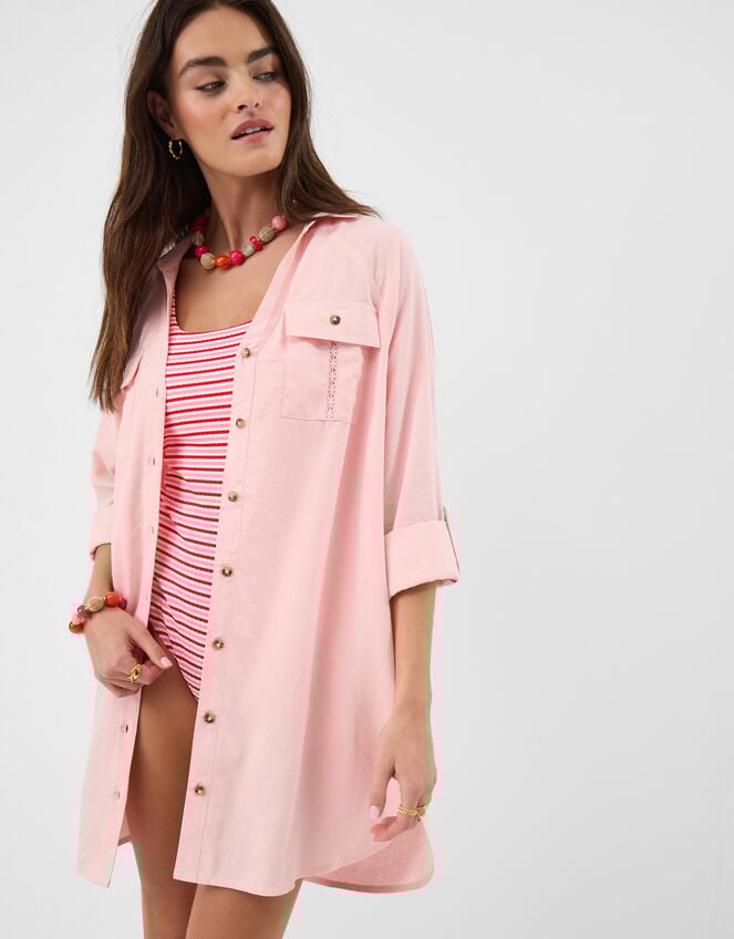 Lace Trim Beach Cover Up Shirt, Pink (PINK), large