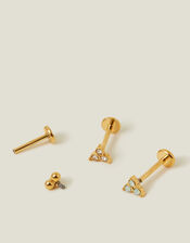 3-Pack 14ct Gold-Plated Crystal Flatback Stud Earrings, , large