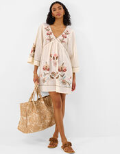 Floral Embroidered Mini Kaftan, Ivory (IVORY), large