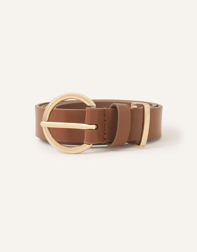 Round Buckle Leather Jeans Belt, Tan (TAN), large