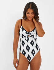 Monochrome Print Tie Front Swimsuit, Ivory (IVORY), large