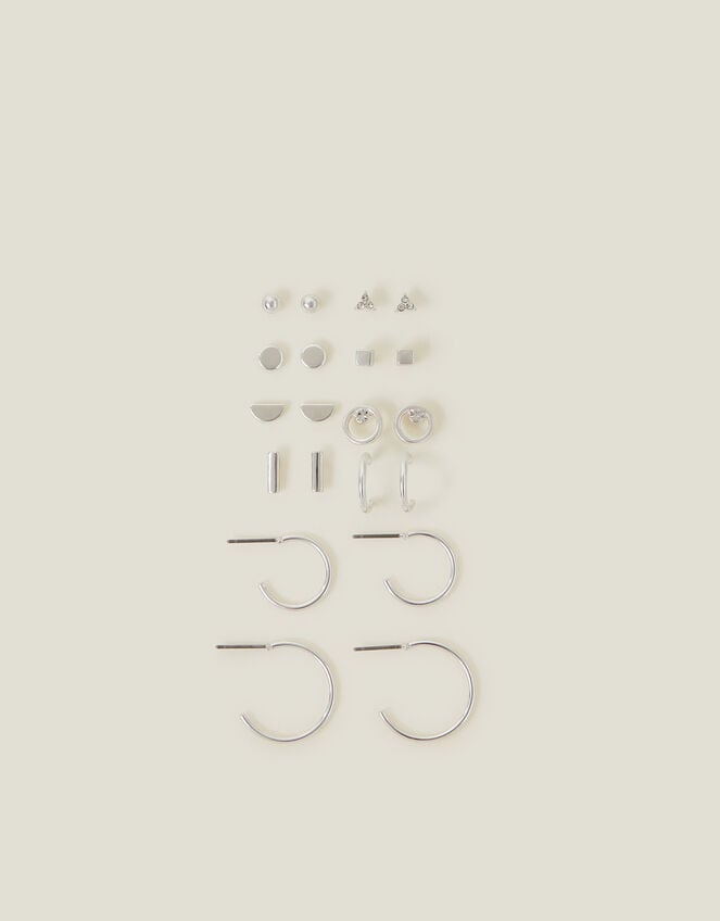 10-Pack Stud and Hoop Earrings, Silver (SILVER), large
