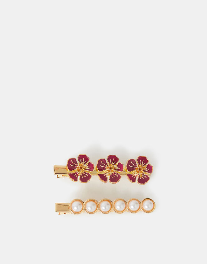 2-Pack Flower & Pearl Hair Clips, , large