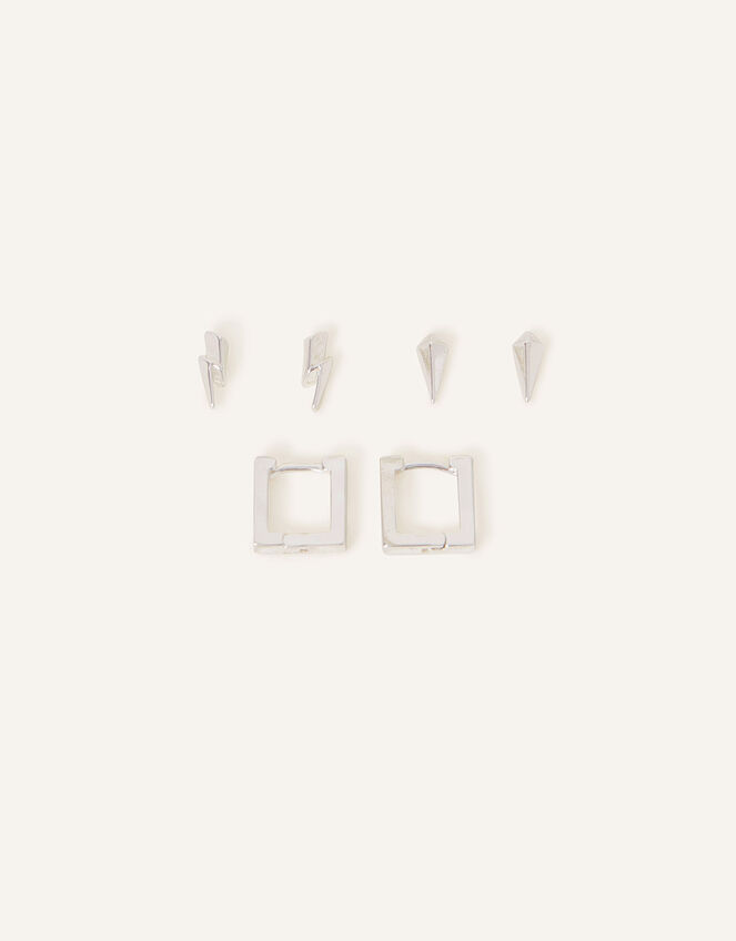 Sterling Silver-Plated Lightning Bolt Earrings Set of Three, , large