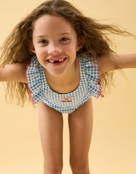 Girls Embellished Cherry Gingham Swimsuit, Blue (BLUE), large