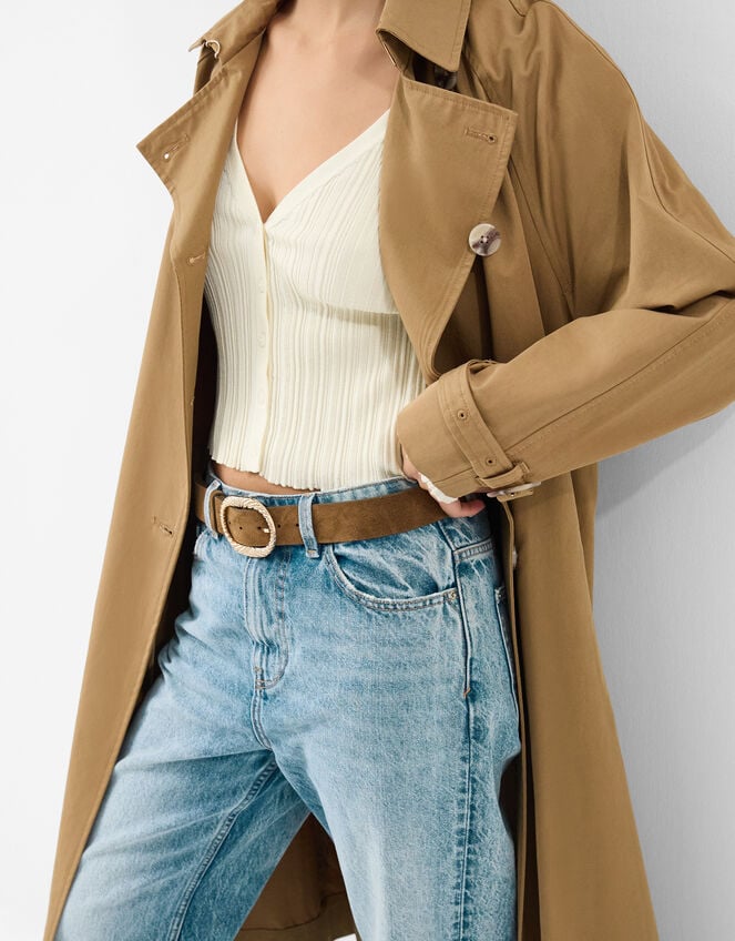 Textured Buckle Leather Belt, Tan (TAN), large