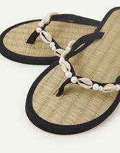 Pearly Bead and Shell Seagrass Flip Flops, Black (BLACK), large
