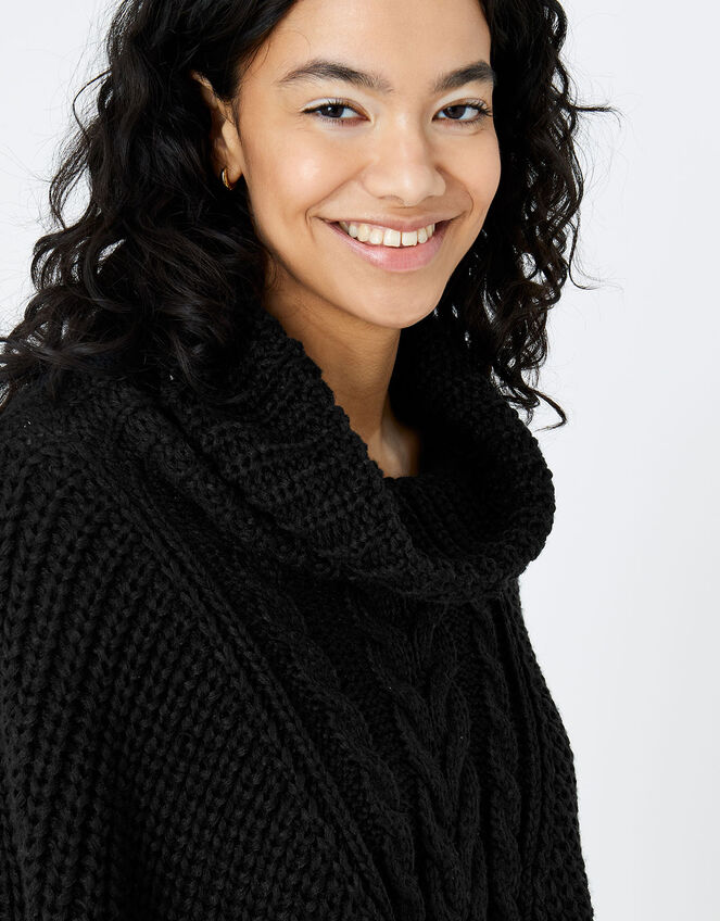 Cable Knit Poncho, Black (BLACK), large