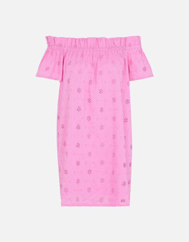 Schiffli Bardot Dress in Organic Cotton, Pink (PINK), large