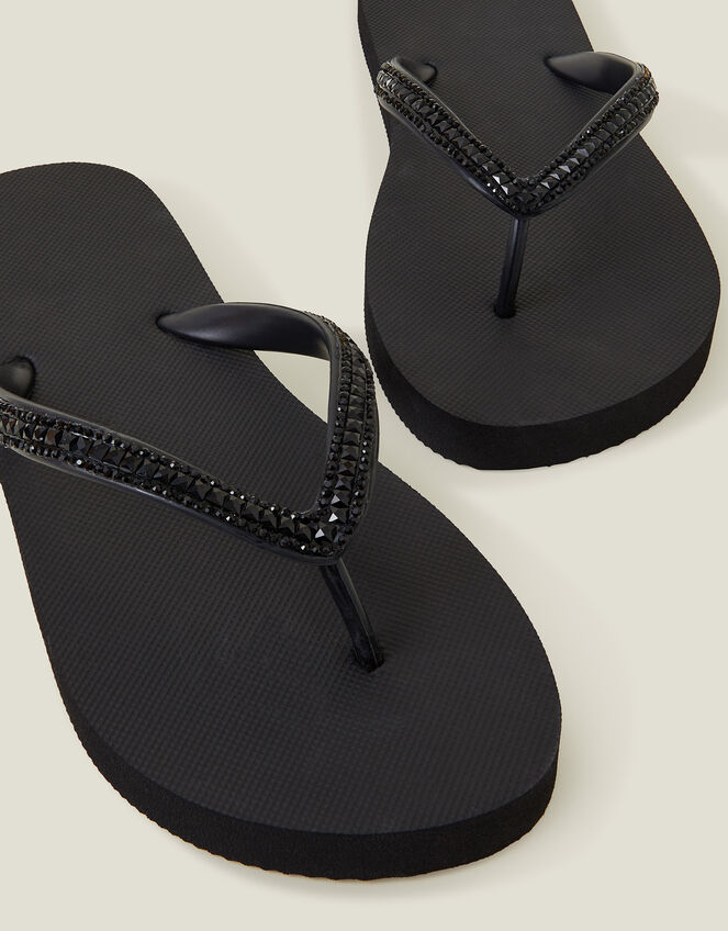 Crystal Embellished Flip Flops, Black (BLACK), large