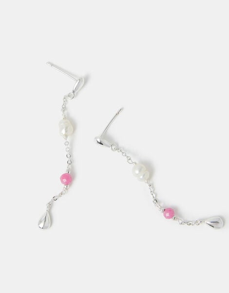 Sterling Silver-Plated Pearl & Tourmaline Drop Earrings, , large