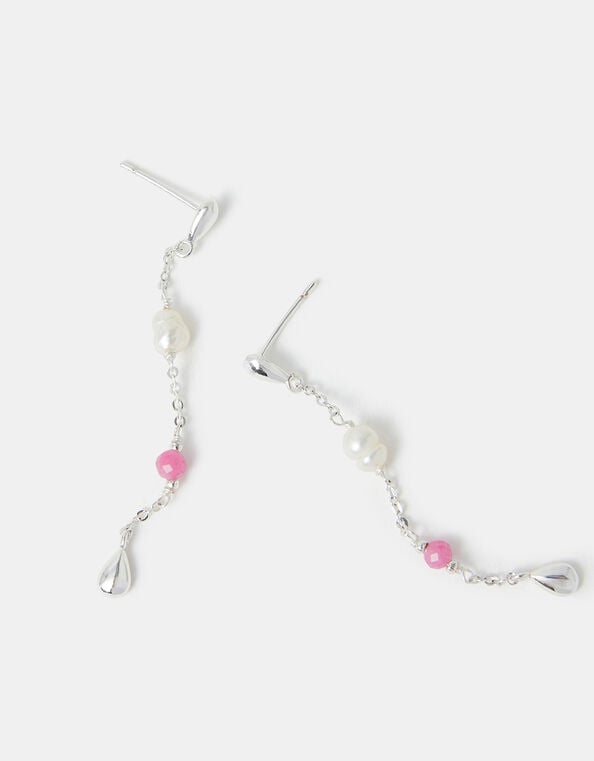 Sterling Silver-Plated Pearl & Tourmaline Drop Earrings, , large