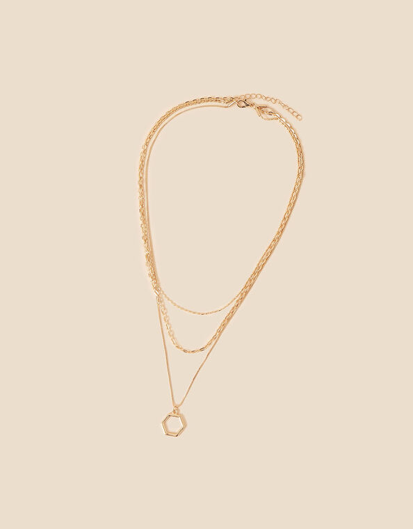 Layered Hexagon Drop Pendant Necklace, , large