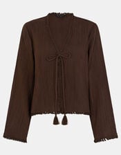 Crinkle Long Sleeve Tie Top, Brown (CHOCOLATE), large