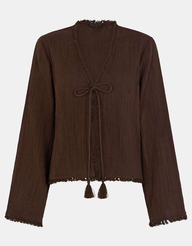 Crinkle Long Sleeve Tie Top, Brown (CHOCOLATE), large