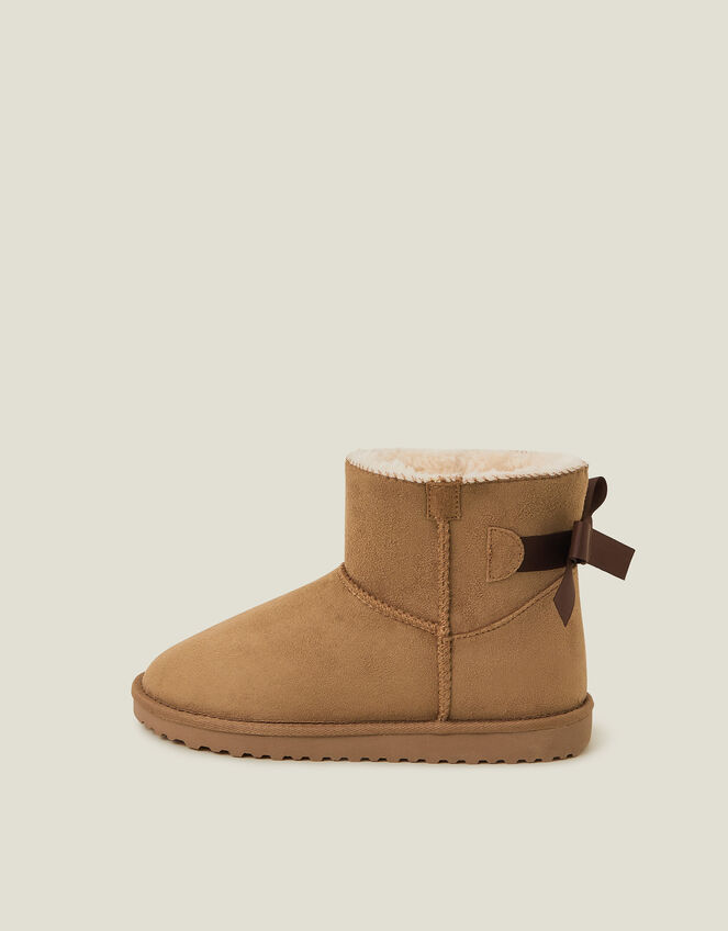 Bow Faux Fur-Lined Suedette Boots, Tan (TAN), large